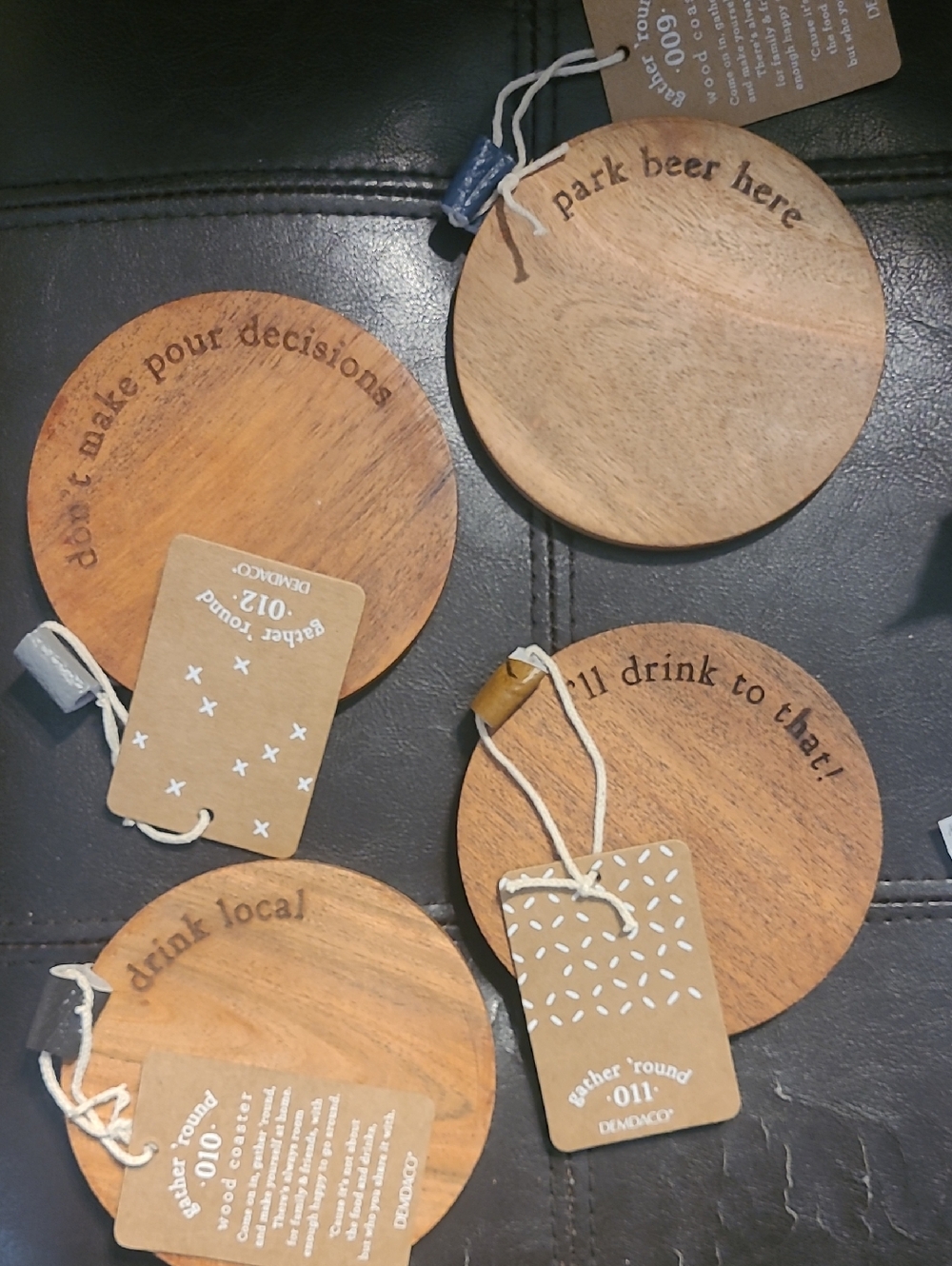New in box! Set of 4 wooden beer funny Park Here, I'll drink to that coasters